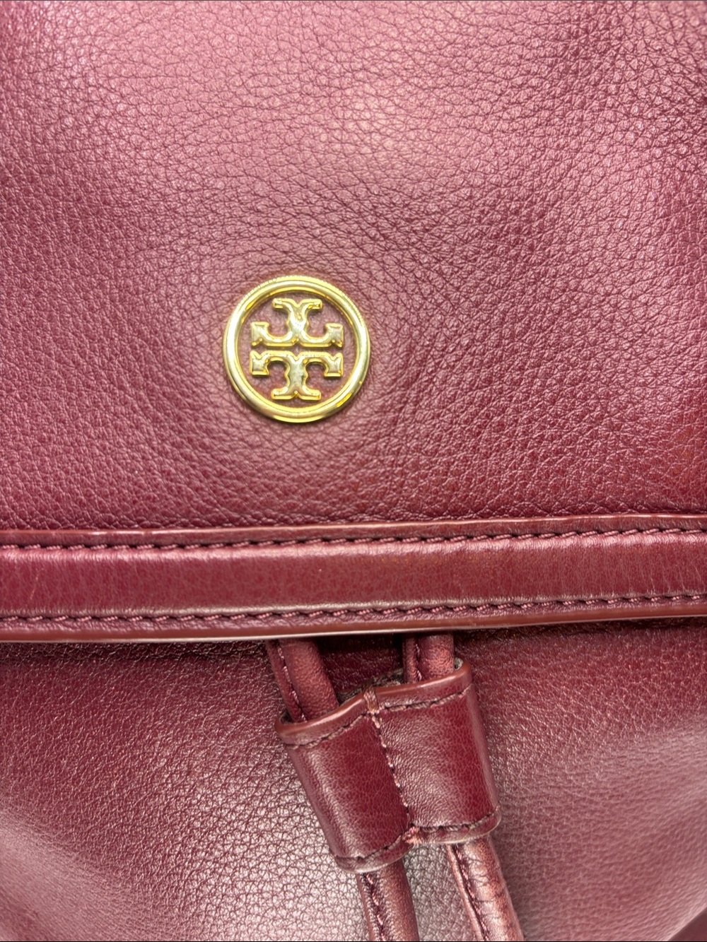Tory Burch Wine Leather Drawstring Backpack with Gold Logo - Picture 3 of 16